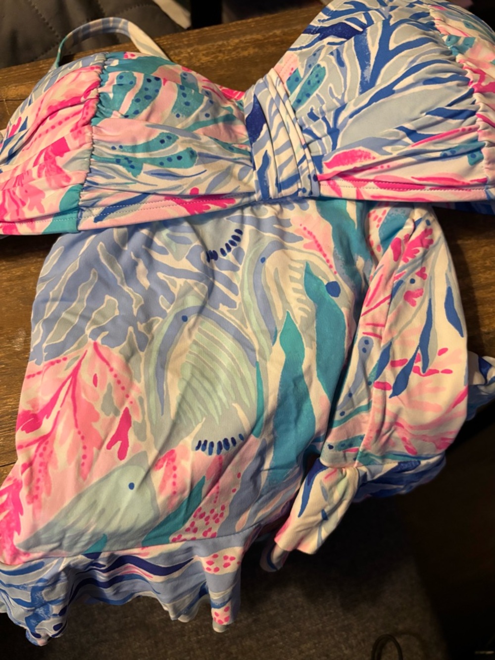 Lily Pulitzer Kaleidoscope Coral bikini with ruffled swim bottom. Size 4
